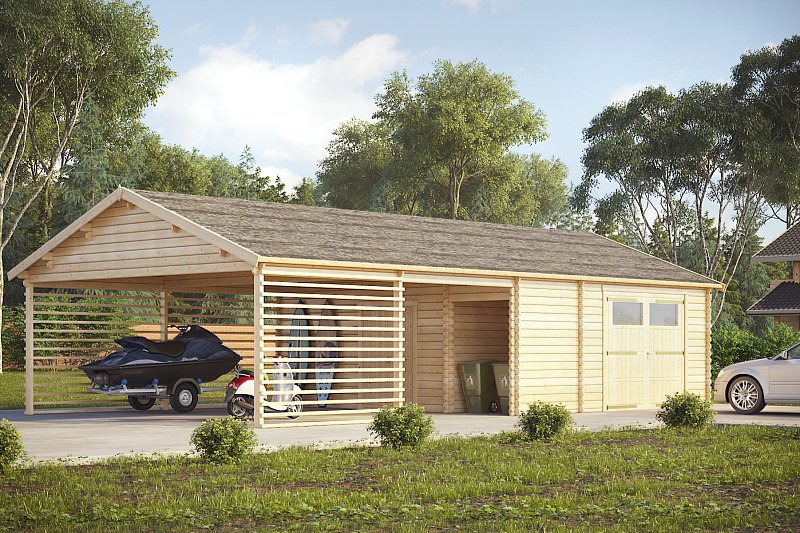Garage double bois avec carport ORBEC GS6, 70m2, 44mm, promotion