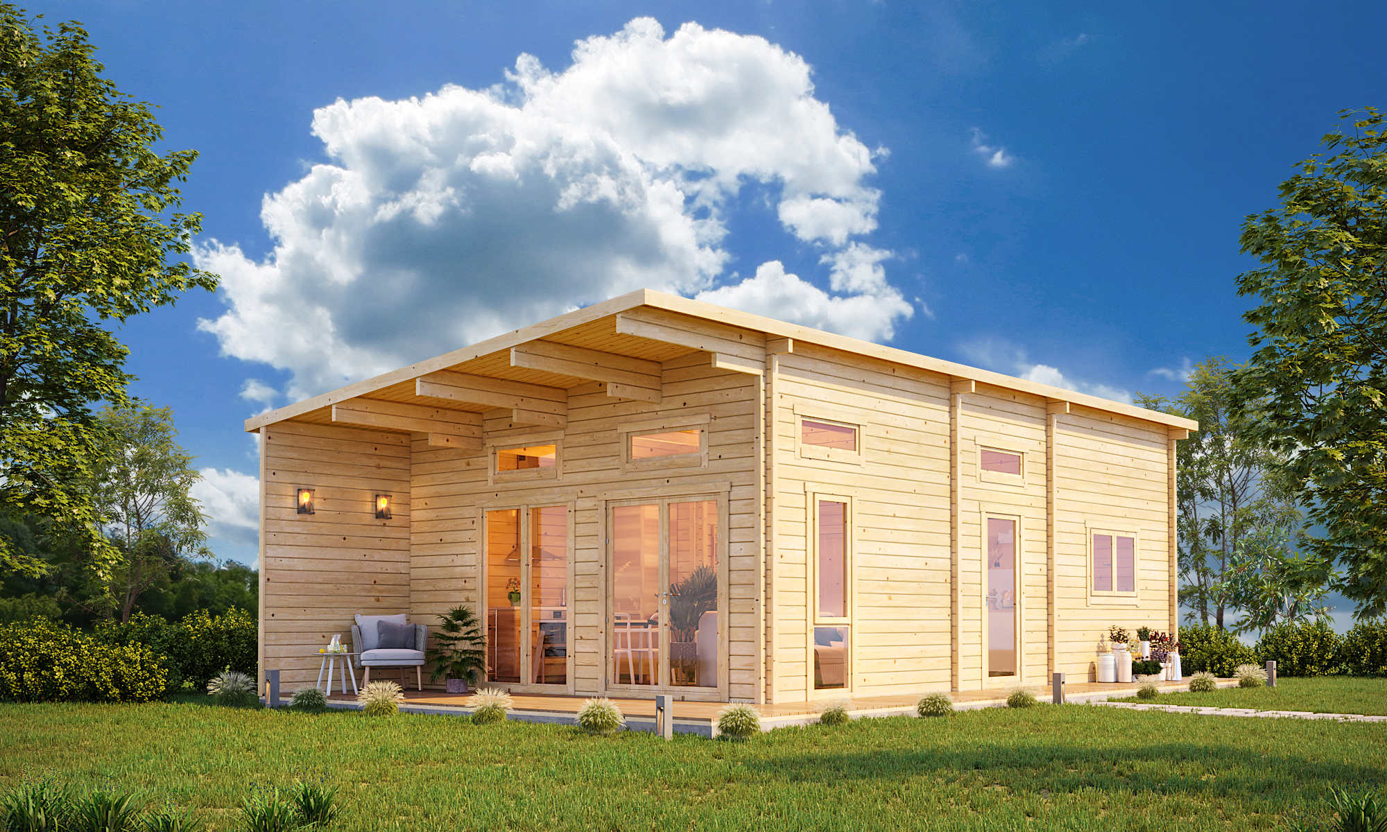 Chalet en bois habitable avec terrasse DONNA (Isolé RE2020, 44+44 mm), 63  m² + 11.5 m²